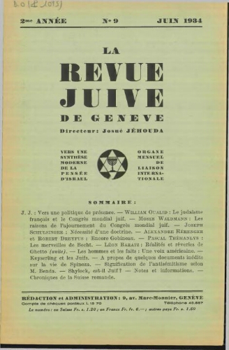 La Revue Juive de Genève. Vol. 2 n° 9 fasc. 19 (juin 1934)
